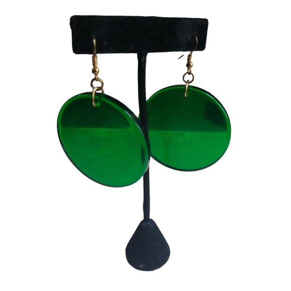Funky Vintage Large Round Green Disc Earrings - Picture 4 of 5